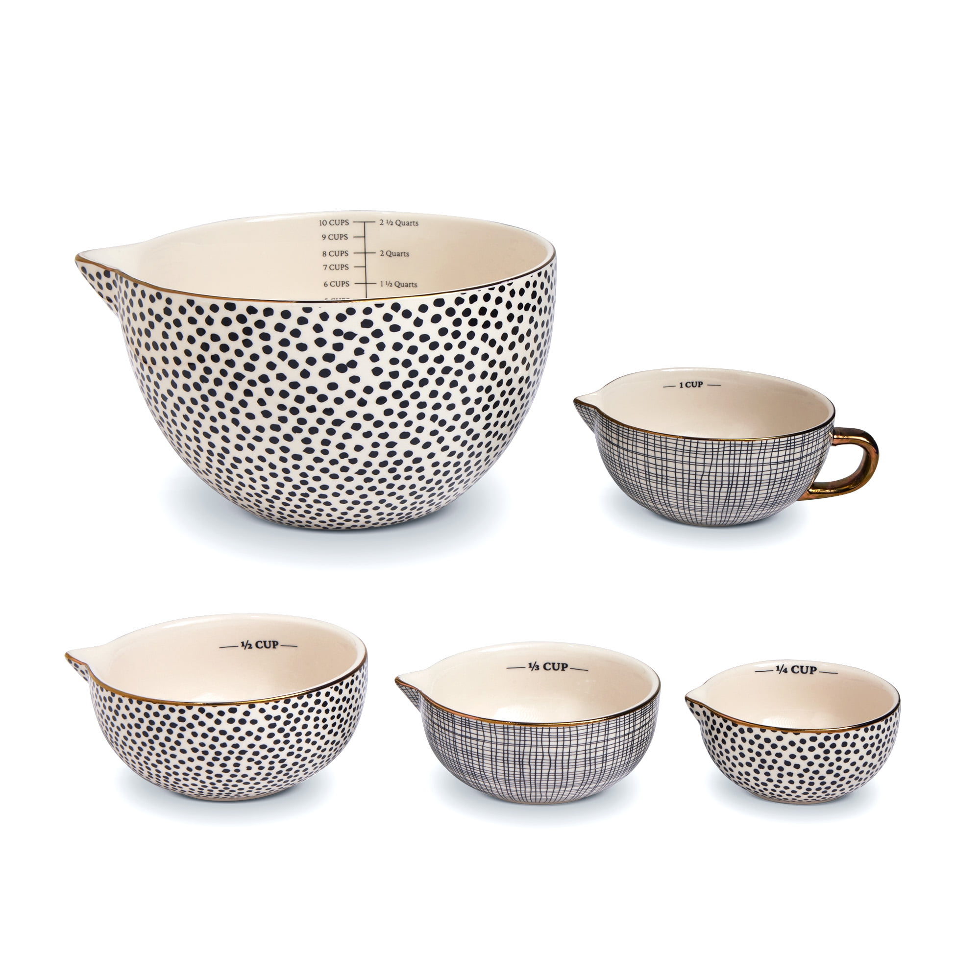 5-Piece Ceramic Mixing Bowl and Measuring Bowl Set Dot Pattern
