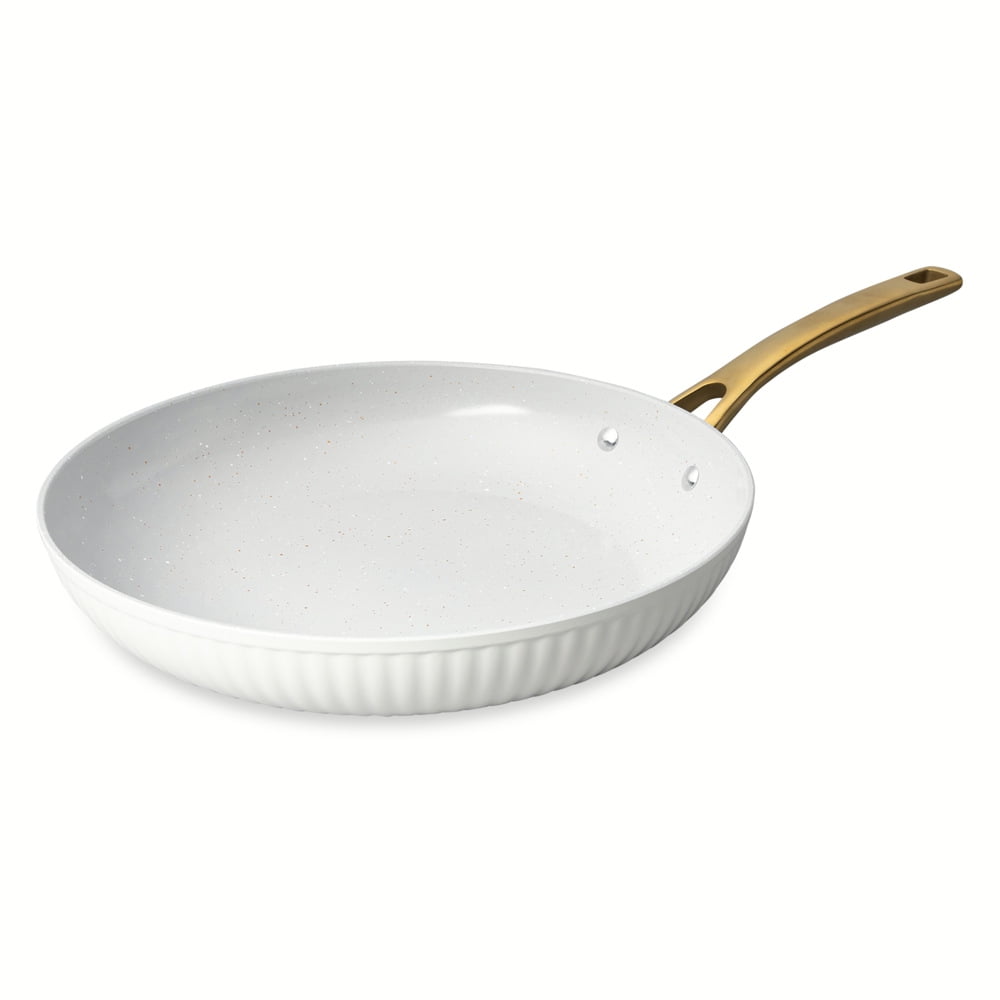 Signature Ribbed 12" Fry Pan Non-Stick- White & Gold